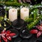 Winter spa concept of red leaves with drops, snow, evergreen bra