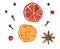 Winter spices. Oranges, star anise, clove, pepper. Hand drawn watercolor illustration. Isolated on white background