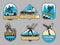 Winter sport badges. Winter fitness activity symbols and emblems ski snowboarding biathlon recent vector business