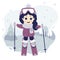 Winter sport. A cute girl is skiing on a decorative background with a winter landscape, trees and snow. Vector illustration.