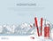 Winter sport objects. Red wooden sled and ski. Mountains in winter season. Ski resort season is open. Winter web banner