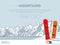 Winter sport objects. Two red snowboards. Mountains in winter season. Ski resort season is open. Ski lift. Winter web