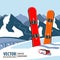 Winter sport objects. Two red snowboards. Mountains in winter season. Vector background.