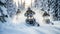 Winter sport. Snowmobile racing through snowy road with fir trees in forest. Generative AI