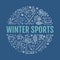 Winter sports banner, equipment rent at ski resort. Vector line icon of skates, hockey sticks, sleds, snowboard, snow
