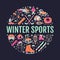 Winter sports banner, equipment rent at ski resort. Vector line icon of skates, hockey sticks, sleds, snowboard, snow