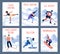 Winter sports cards. Ski and skating, snowboarding and hockey, people on ice rink, track and snow, professional athletes