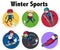 Winter sports sticker design with athletes on different equipmen