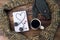 Winter still life with coffee, scarf and book on a wooden table