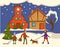 Winter street with people on holiday, couples leisure vector.