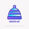 Winter striped hat with pompon thin line icon. Modern vector illustration