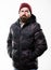 Winter stylish menswear. Man bearded stand warm camouflage pattern jacket parka isolated on white background. Hipster