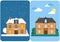 Winter and Summer house. Family suburban home. Vector flat illustration.