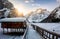 Winter sunrise over the frozen Lago di Braies  in the Dolomites, Italy