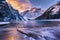 Winter sunrise over Lago di Braies, Dolomites, Italy