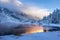 Winter sunrise over scenic frozen lake