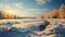 Winter Sunrise: Romantic Riverscape In Snow Covered Field