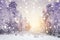 Winter sunrise in snowy forest with shining snowflakes on sun. Winter nature background.