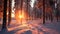 Winter sunset illuminates tranquil snow covered forest with majestic pine trees generated by AI