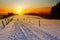 Winter sunset landscape with trees and field road.