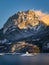 Winter sunset view of the Grand Morgon mountain rising above the Saint Michel Bay of Serre Poncon lake, Southern Alps, France
