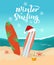 Winter surfing hand drawn text. Sunny day on the beach, surfboards with christmas cap, waves on the sea, crab, seastar, coconut