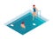 Winter swimming in a frozen river. Man and woman in an ice-hole. Healthy lifestyle. Isometric vector illustration