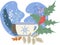 Winter tea, holly, rowan and Christmas tree, colored illustration