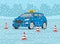 Winter time car drive practicing. Maneuver practice on the test routes. Suv car passes the driving test.