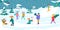 Winter time spend, people character together fun play show field, make snowman, ride sled throwing snowball cartoon