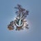 Winter tiny planet in snow covered forest on wooden bridge. transformation of spherical panorama 360 degrees. Spherical abstract