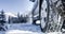 Winter tire. Detail of car tires in winter on the road covered with snow. Panorama  banner