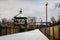 Winter tourist route. Wooden footbridge with an observation mezzanine.