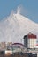 Winter town scape of Petropavlovsk-Kamchatsky City and active Avacha Volcano