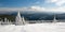 Winter trail in Jeseniky mountains in the Czechia during nice winter day with clear sky. Wiew of Praded hill with communication to