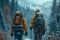 Winter trailblazing A pair of adventurers trekking through snowy wilderness