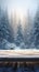 Winter tranquility Empty table against snowy fir tree forest backdrop