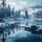 Winter tranquility Misty hot springs shrouded in frost, text ready