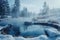 Winter tranquility Misty hot springs shrouded in frost, text ready