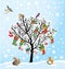 Winter tree with birds, squirrel, Xmas shoes, cand