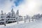 Winter trees and wooden fence covered in snow that borders a mountain road