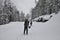 Winter trip in the mountain taiga in snowshoes.