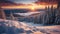 Winter Twilight, Snowy Forest and Scenic Sunset. AI Generated