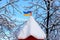 Winter in Ukraine. Ukrainian patriotic flag stands in snow on street. Winter beautiful landscape Dnipro city, Ukraine