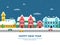Winter urban landscape. Snowy roof city buildings night with snowflakes christmas holiday town vector illustrations