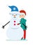 Winter vacation set. Children`s winter holidays. Girl hugging a snowman