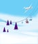 Winter vacation at the ski resort. Ski slope with ski lifts and Christmas trees on a blue sky background. A passenger airliner in