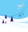 Winter vacation at the ski resort. Ski slope with ski lifts and Christmas trees on a blue sky background. A passenger airliner in