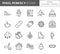 Winter vacation theme pixel perfect thin line icons. Set of elements of snow, mountains, skis, skates, sleigh, tree, clothes, hot