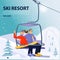 Winter vacations activity concept. Happy couple rise to the ski lift elevator.